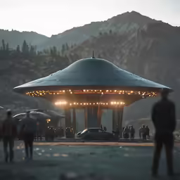 a concert venue with tents and people walking around
