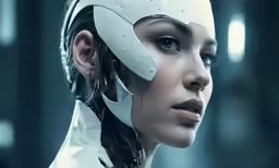 a woman wearing futuristic gadgets and headgear in a dark background