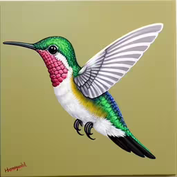a colorful hummingbird painted on a tan canvas,a colorful bird is flying in the sky