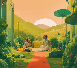 a couple sitting down and eating together in the open,a man and woman sit on the ground near some flowers