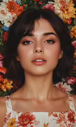 a beautiful young woman wearing flowers on her head