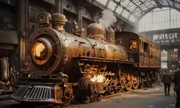 a locomotive train on tracks next to a man