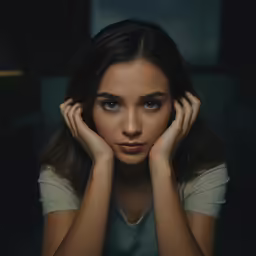 a woman with blue eyes sitting at a table