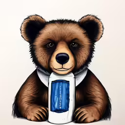 a bear in a tie holding a blue and white product