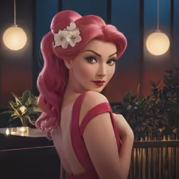 a woman with pink hair is standing outside