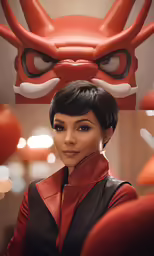 a woman in a black dress standing in front of a red dragon head