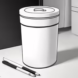 the white trash can has a black rim