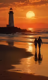 two people walking along the beach towards a light house