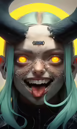 a digital painting of a woman with horns on her head and glowing eyes