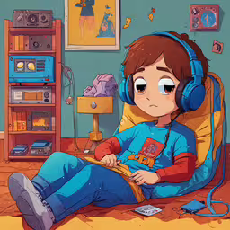 a boy wearing headphones in his room,a boy with headphones is sitting on the floor and listening to music