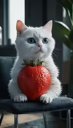 a white cat sitting on top of a chair holding a strawberry