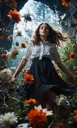 a woman is walking through flowers by herself