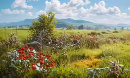 a field that has some plants and flowers in it