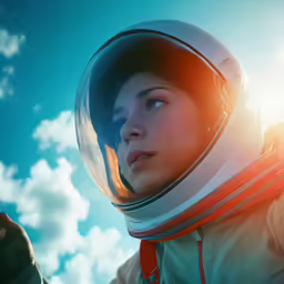 a woman with a helmet standing under the blue sky