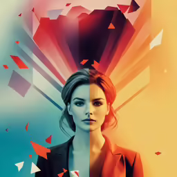 the face of a woman in front of a multi - colored background