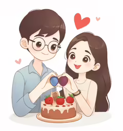 a cartoon drawing of a young man giving a woman a piece of chocolate cake