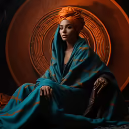 a beautiful woman wearing a turquoise and gold turban sits in a dark room