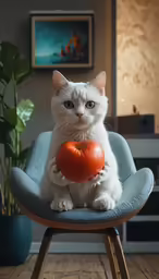 white cat holding an orange heart on a chair