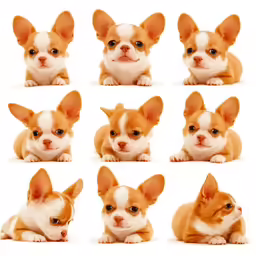 six little dogs are lying down and looking forward