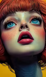 a photo taken from the ground with red hair and blue eyes