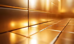 the lights shine on the metallic tiles as if they were on a train