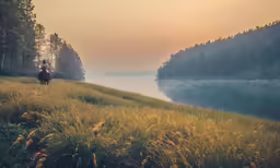 a person rides a horse along the river bank