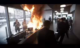 a large fire is burning behind a glass wall