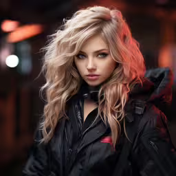 an attractive blond woman wearing a black coat,a blonde woman with blue eyes is posing
