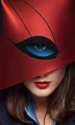woman wearing red mask with eye and mouth drawn on it