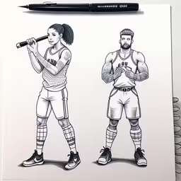 an image of a couple with baseball gloves,the drawing shows two basketball players as one is holding a bat,a black and white drawing of two people with baseball gloves,two drawing of people wearing basketball uniforms, holding baseball bats,a drawing of two baseball players with different types of clothing