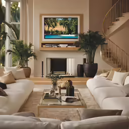 a large room has couches, tables, lamps and a tv