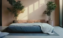 a bedroom has a big bed and some plants