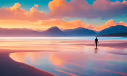 a man walking down the beach during sunset