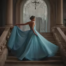 the lady in a flowing blue dress is posed on stairs