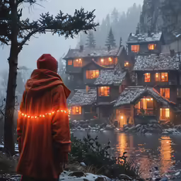a person looking at a building by a pond