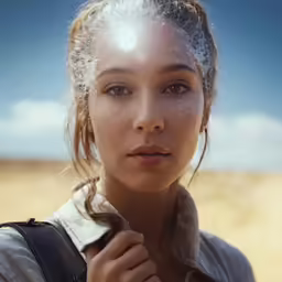 a woman is standing outside holding onto something