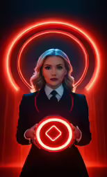 an attractive woman with a light up circle on her shoulder