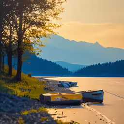 a couple of small boats are on the ground,a small boat sitting on the water beside trees