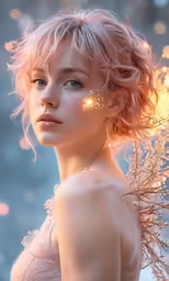 a woman is wearing glittered skin with feathers