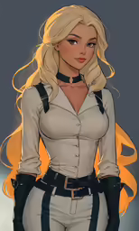 the female model has a blond hair and is wearing all white clothes