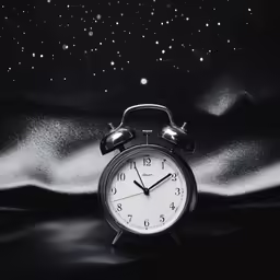 an alarm clock with a sky and stars background