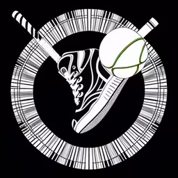 black and white image of baseball, bat, and shoe,this is the image for a poster to be posted on the back of a wall,a drawing with baseball equipment inside of it,a tennis ball inside of a shuttle on top of a black and white poster,two white tennis balls inside the center of a circular design