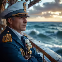 a man in uniform looks out on the ocean