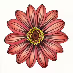 a flower drawing with watercolor on paper,red flower in white background with yellow center,an artistic image of a bright red flower,this is an image of a drawing of a pink flower,a close up of a flower on a white background