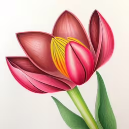 a flower with pink petals on a white background,this is an oil painting of a flower in pastel pencil,a drawing of two red flowers, one on top of the other,a drawing of a pink tulip with yellow center,a drawing of a flower sitting on top of a table
