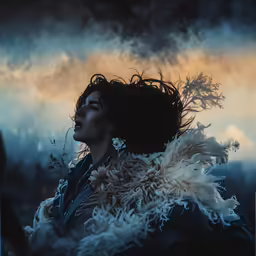 a woman in white feather coat under stormy sky