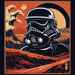 an orange sky with the character storm trooper on it,the poster for star wars in front of mountains