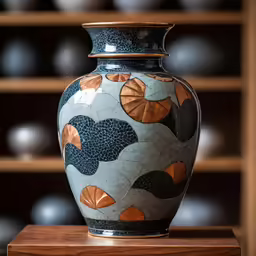 a blue and gold vase sits on a wooden box