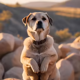 this dog is standing on two legs with its paw on his chest