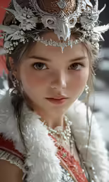 woman in fur, white fur and head piece